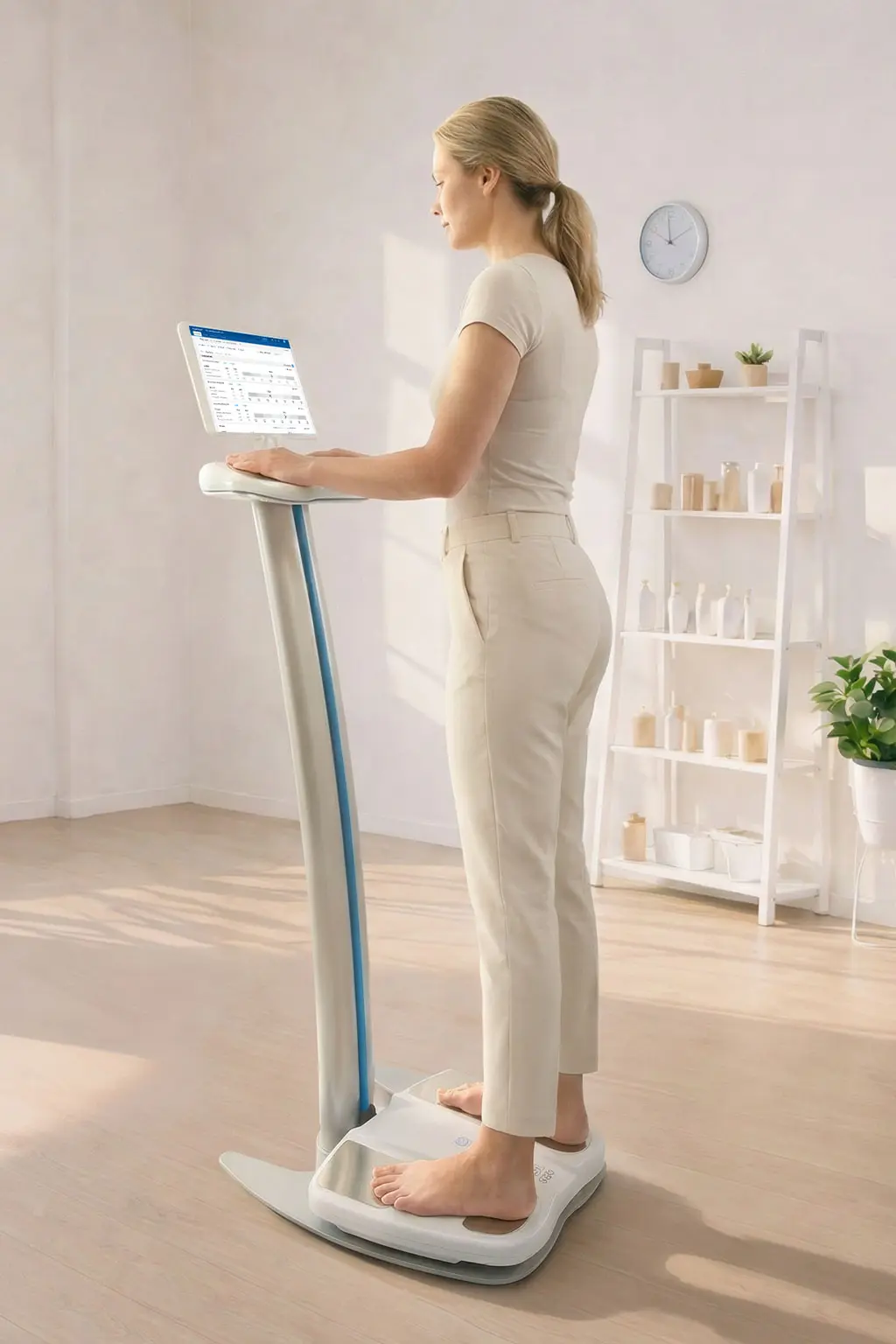 A woman taking her own measurements on a SOZO device.